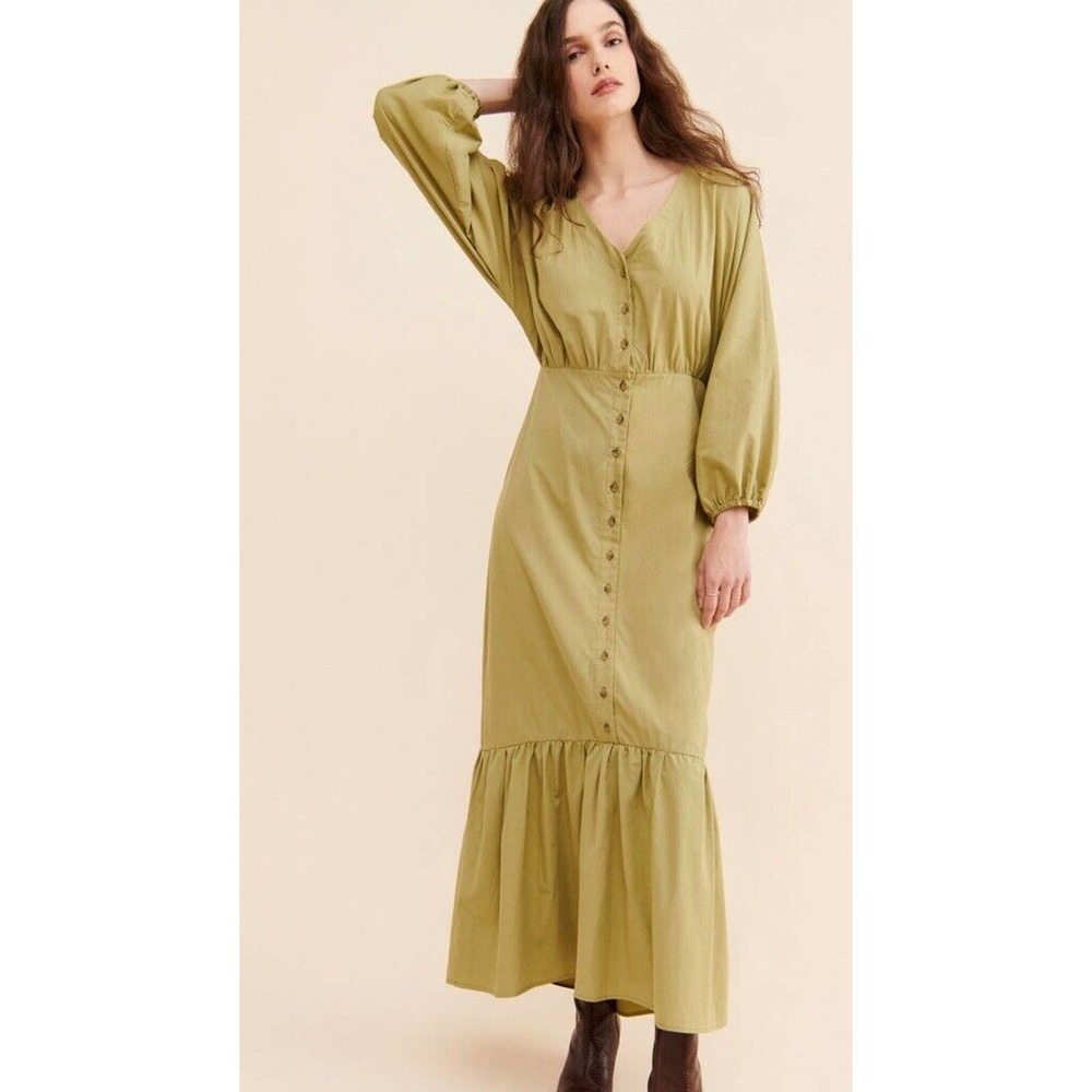 Rita Row Womens Sz M Green Button-Down Tiered Maxi Organic Cotton Dress